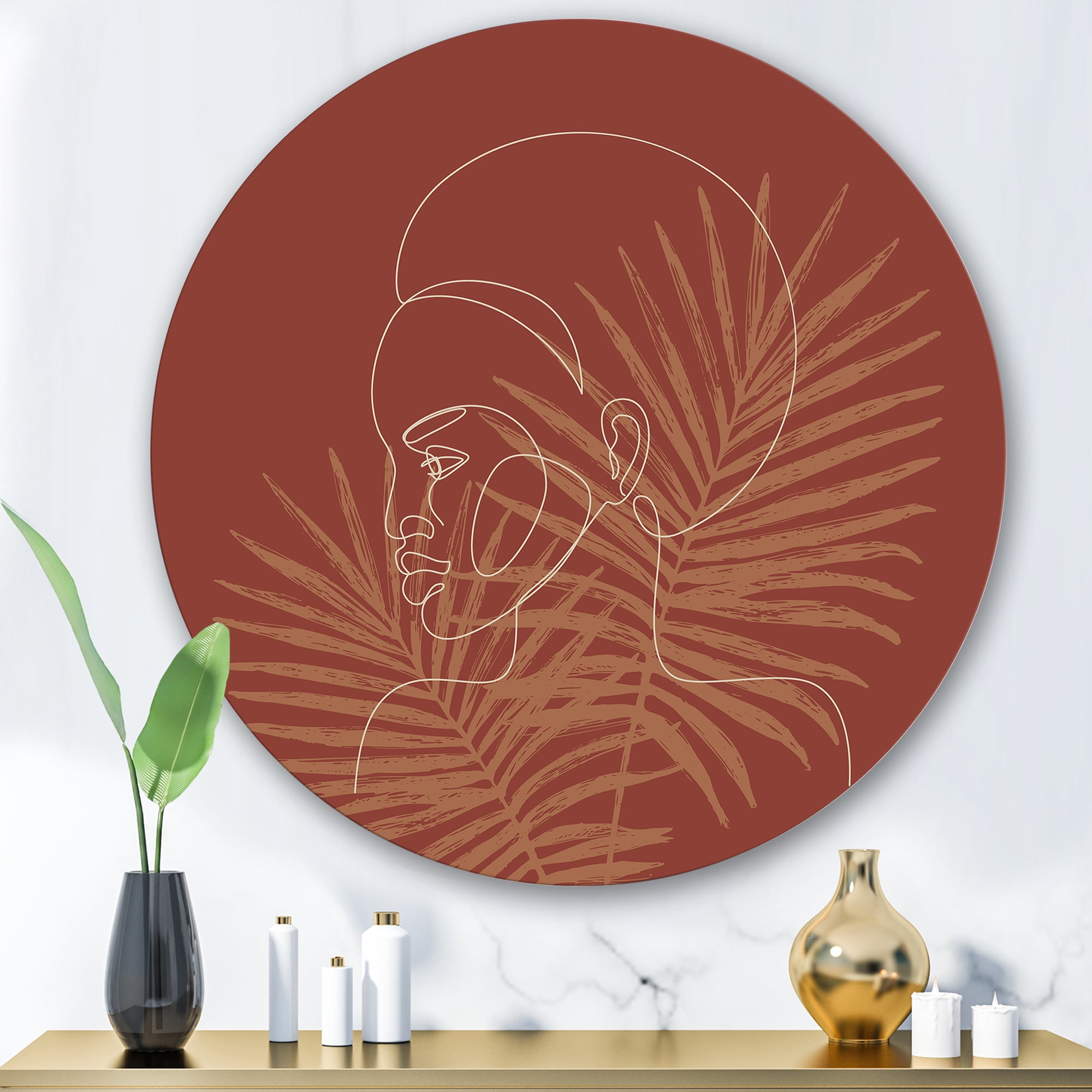 Designart 'Sillhouette of Afro American Woman on Palm Leaves' Modern Circle Metal Wall Art 29x29 - Disc of 29