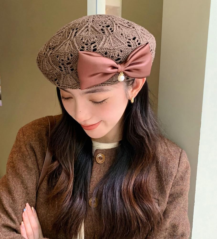 Women Beret Hat Trendy Bow Pearl Woven Beret Summer Hollow 
