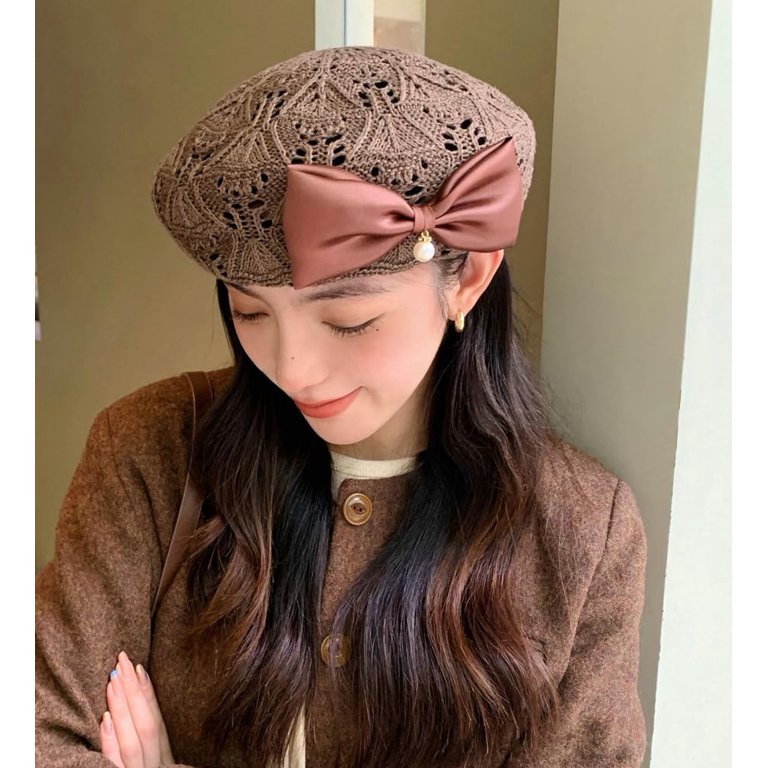 Women Beret Hat Trendy Bow Pearl Woven Beret Summer Hollow  display picture 3