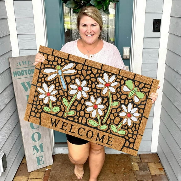 24"x16" - Coir Door Mat with Heavy Duty Backing - Welcome Mats for Entryway, Porch - Anti-Slip PVC & Coconut Fiber Surface - Natural Home Accessories, Minimalist Original Design, Summer Theme