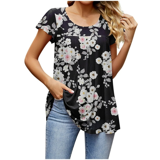 Camisetas con estampado de cuello redondo para mujer Elegantes camisetas informales de primavera y verano con cuello en V y manga Ruck Blusa Tops Camisa de manga corta OAVQHLG3B Store lin121212