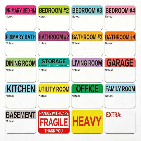 CCOCC 600 Count 3 X 2 Large Home Moving Packing Box Labels for 3-4 Bedroom House with Writable Notes Areas,17 Color Coded Moving Labels for Boxes Fragile Moving Stickers Heavy and Blank Labels