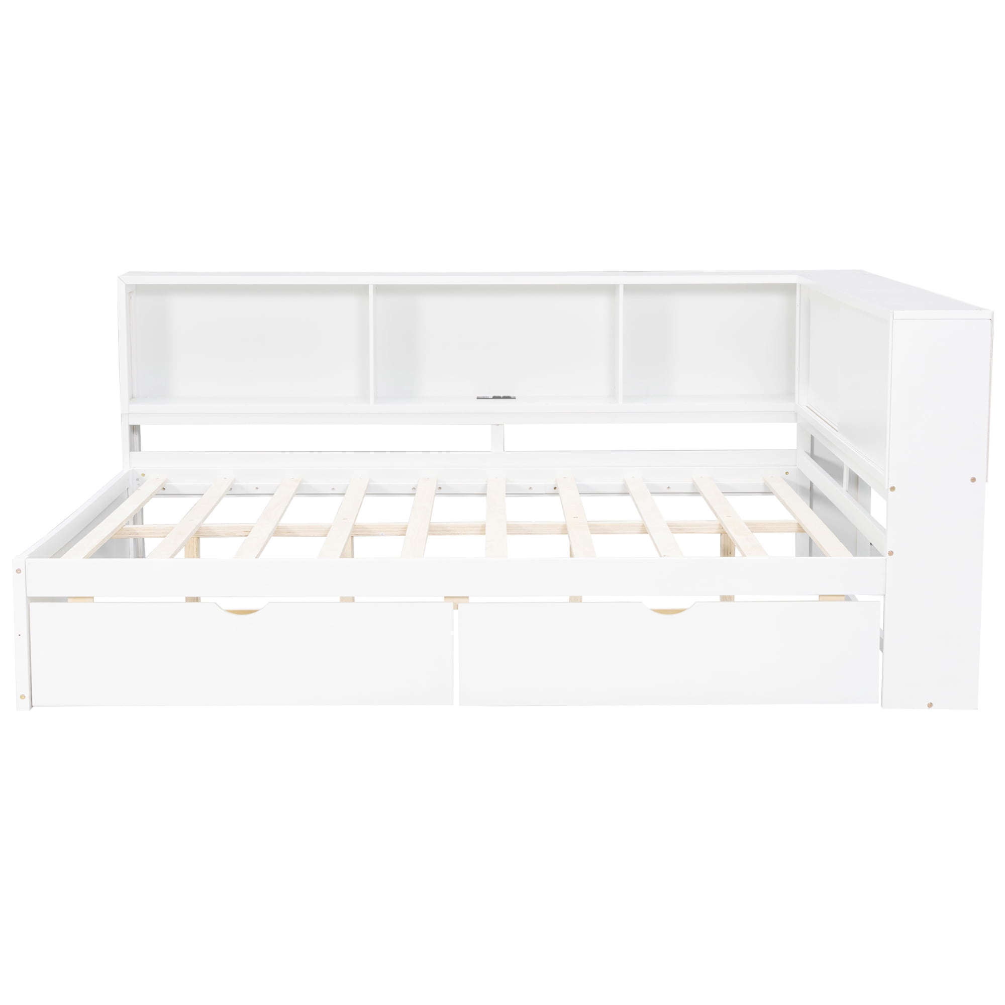 Euroco Wood Queen Size Daybed with Storage Shelves and Drawers, USB Ports and LED Light, White