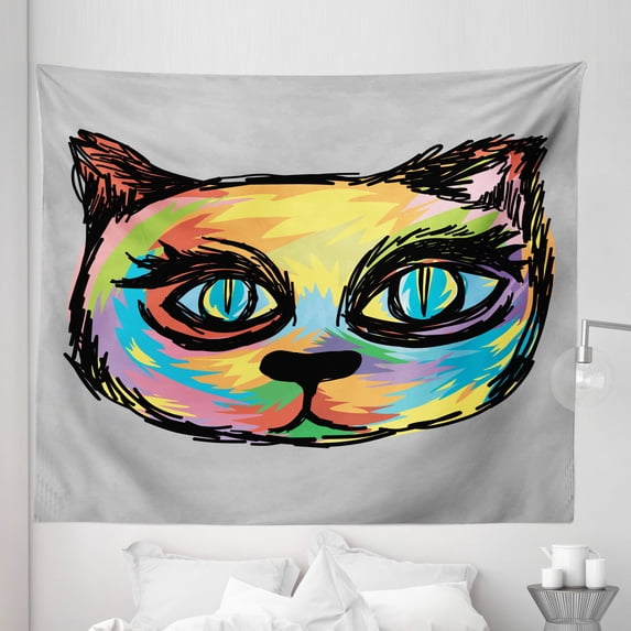 Cat Tapestry, Colorful Dark Paint of a Cat Head Big Sketchy Eyes Unique Creatures Work, Fabric Wall Hanging Decor for Bedroom Living Room Dorm, 5 Sizes, Multicolor, by Ambesonne