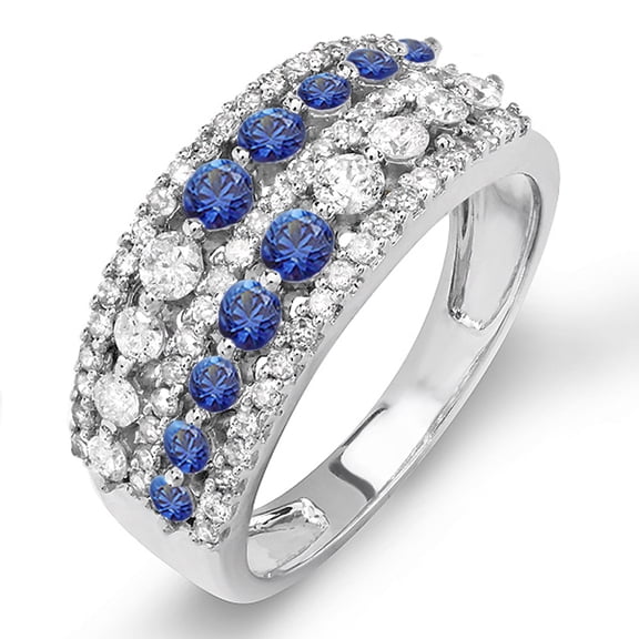 Dazzlingrock Collection 10K Round Blue Sapphire And White Diamond Ladies Anniversary Wedding Band Ring, White Gold, Size 9