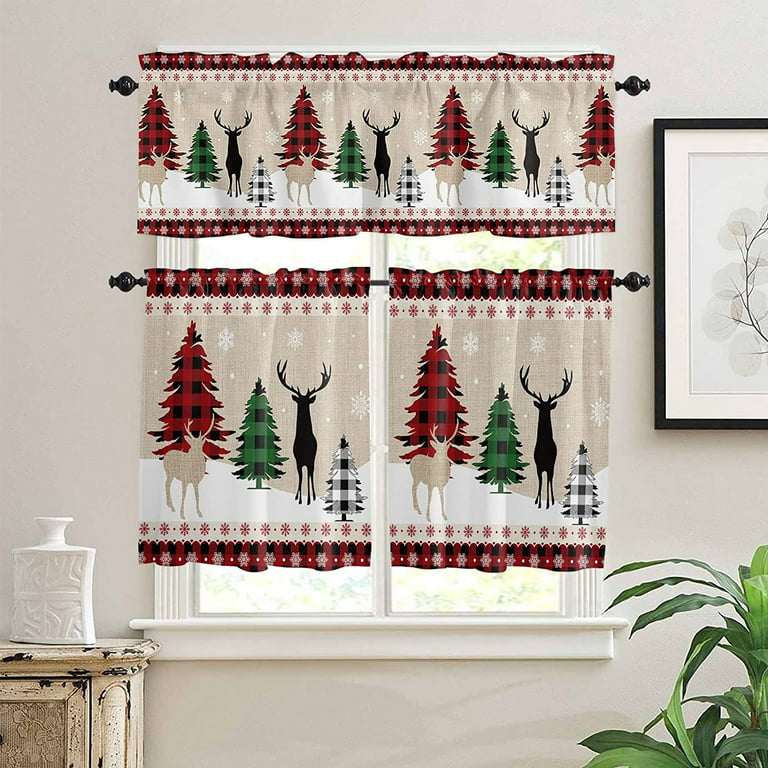 Farmhouse Christmas Kitchen Curtains And Valances Set Rustic Plaid Xmas Tree Snowflakes Window Treatments Tiers Red Green Black Half Short For Small Windows Cafe Living Bedroom 54x24 In Com