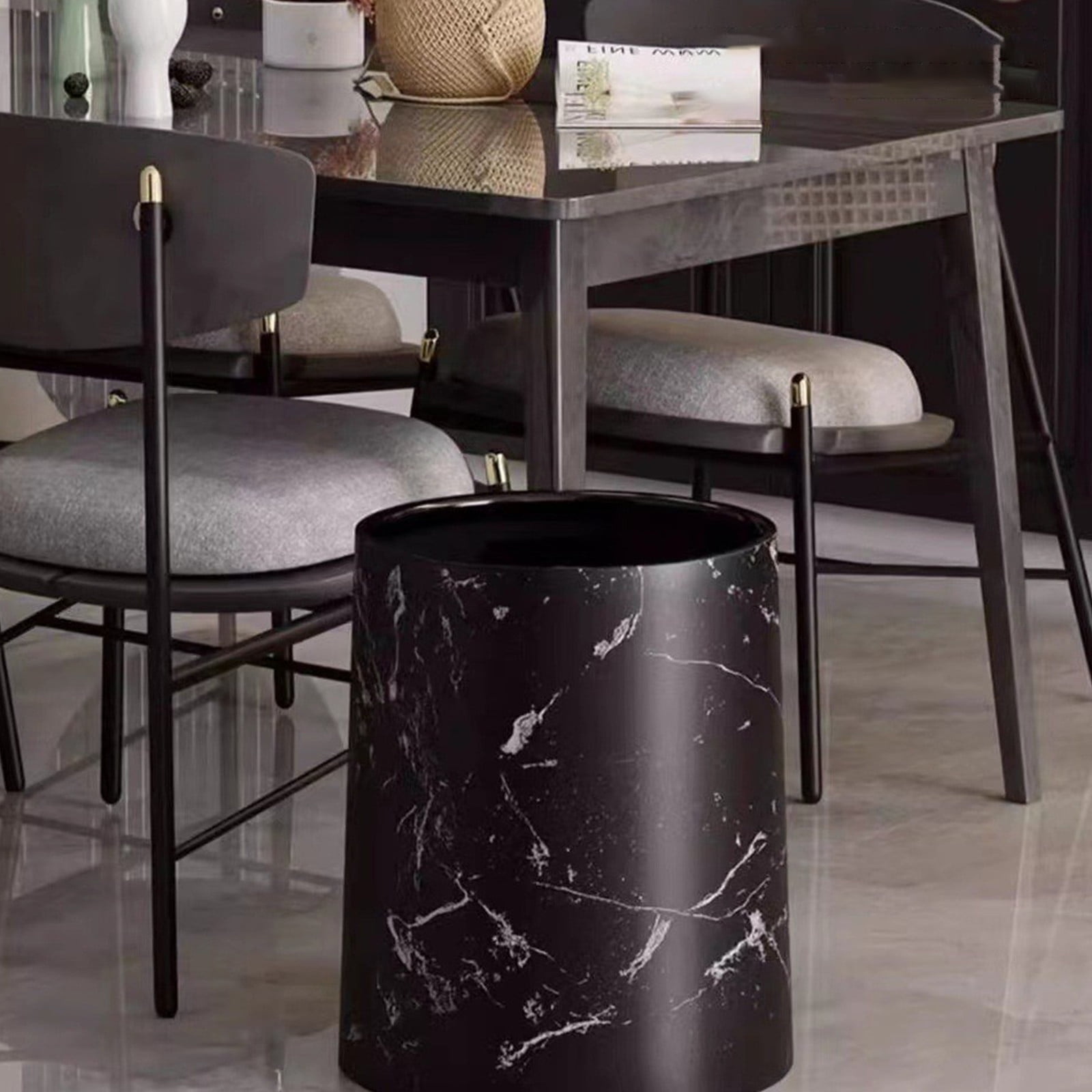 PHIGZNT Round Metal Small 3.9 Gallon Recycle Trash Can Wastebasket, Garbage Container Bin for Bathrooms, Kitchen, Bedroom, Home Office - Durable Stainless Steel - Mirri Collection - White Marble