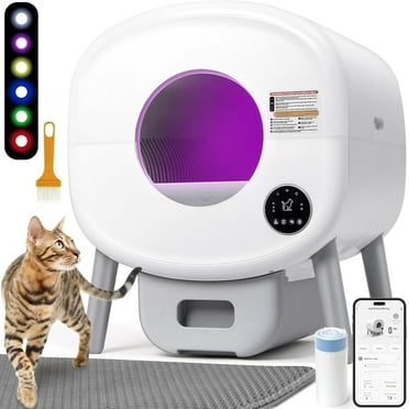 Fsitego Self Cleaning Litter Box, Large Capacity Automatic Cat Litter Box Self Cleaning for Cats, App Control,Safety Protection, 2 Roll Garbage Bags,White & Grey