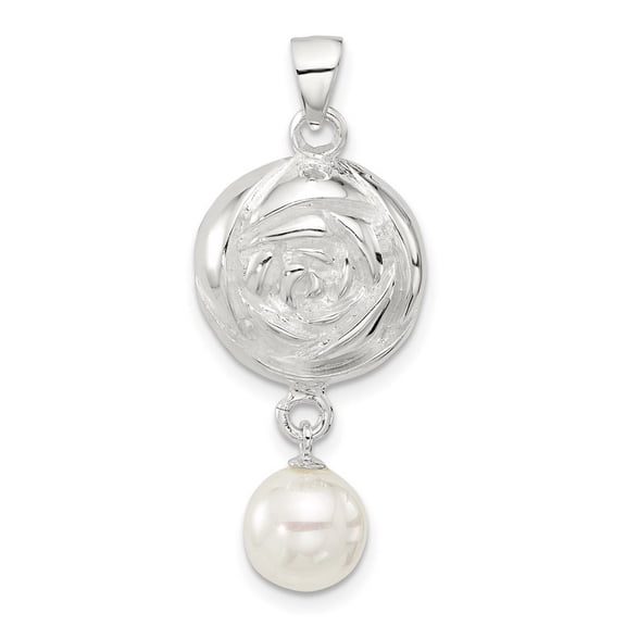 925 Sterling Silver Polished Textured Domed Flower With DReligious Guardian Angel Pearl Pendant Necklace Measures 33.5x1