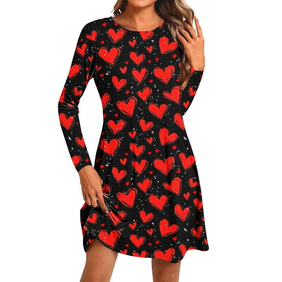 SDNall Valentines Day Dress for Women Fashion Round-Neck Short Sleeved Printed Pullover Dress