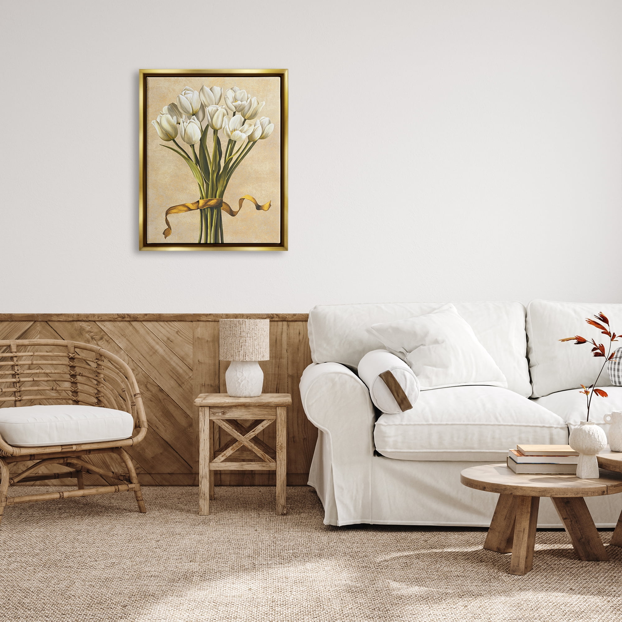 Stupell Industries Vintage White Tulips Botanical & Floral Painting Gold Floater Framed Canvas Art Print Wall Art, 25 x 31