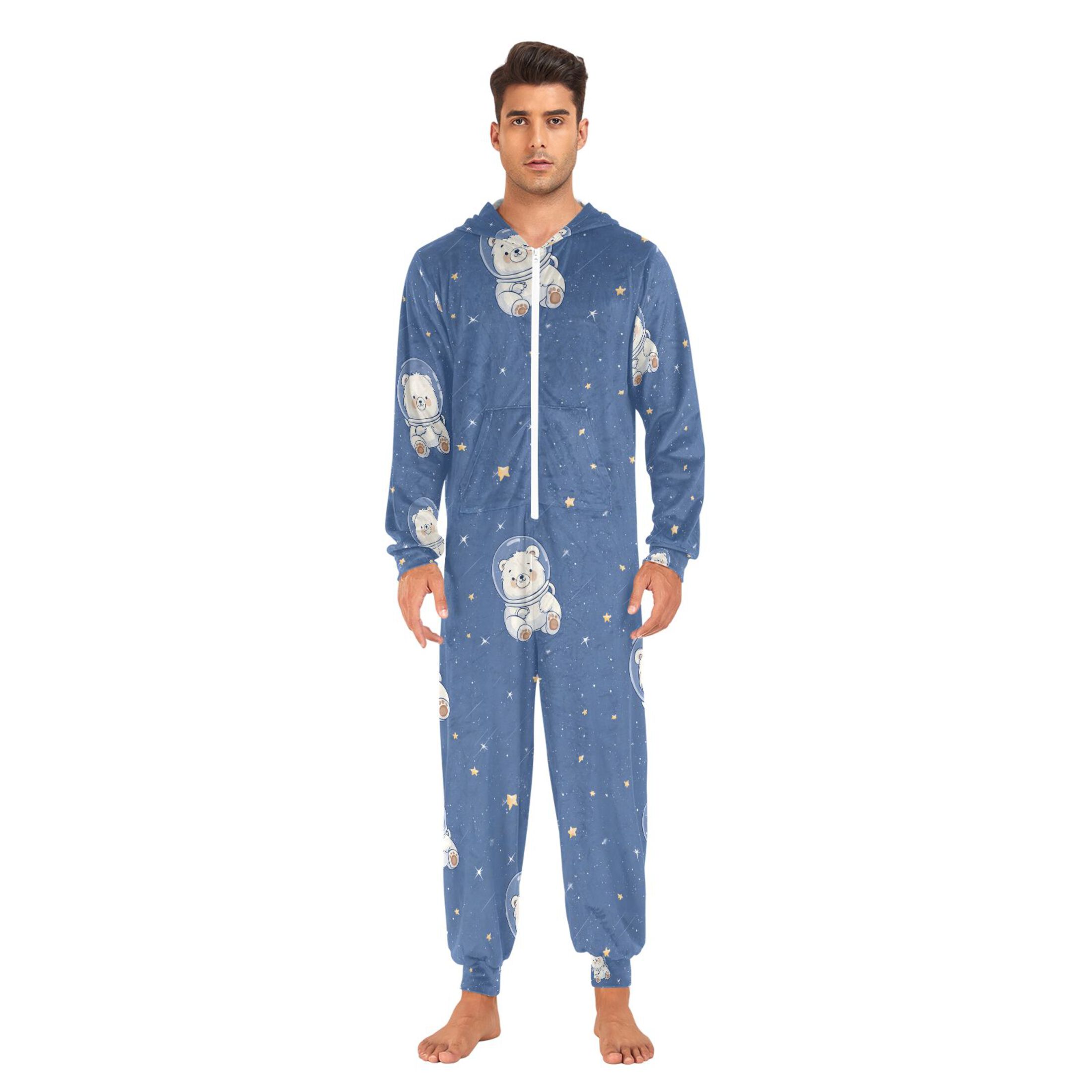 Adult Christmas Onesie Cute Bear Astronaut Adult Zipper One-Piece Pajamas Unisex Pajamas with Pockets