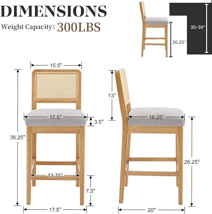 Guyou Counter Height Bar Stools Set of 2, 26" Farmhouse Wooden Rattan Bar Stools, Modern Chenille Upholstered Breakfast Barstools, Boho Wicker Woven Kitchen Island Chairs for Bar Bistro, Grey