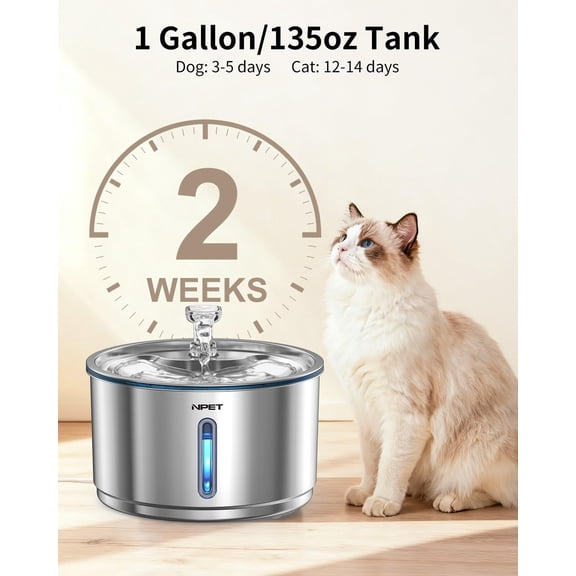 Stainless Steel Cat Water Fountain, 1 Gallon Automatic Pet Drinking Dispenser with 5-Layer Filtration and Quiet Pump for Cats and Dogs