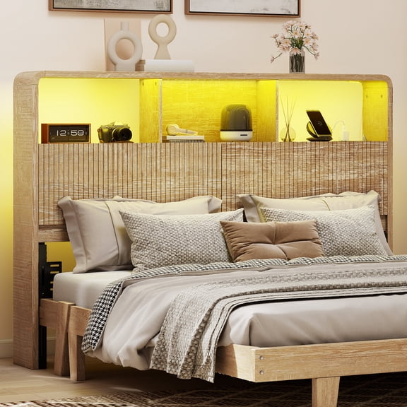 Homiflex Queen Headboard with Storage, Headboards with Power Outlets and Smart LED Light, Sturdy Wooden Head Board for Queen Size Bed, Natural