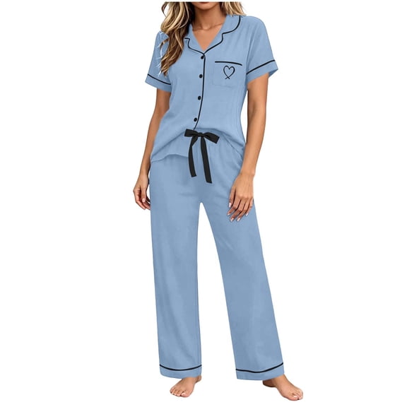 Akmaiox Pajamas Sets for Women,Short Sleeve Button Down Shirts with Cute Prints Pockets and Drawstring Long Pajama Pants ,Casual Loose Soft Home Lounge Sets,S-2XL