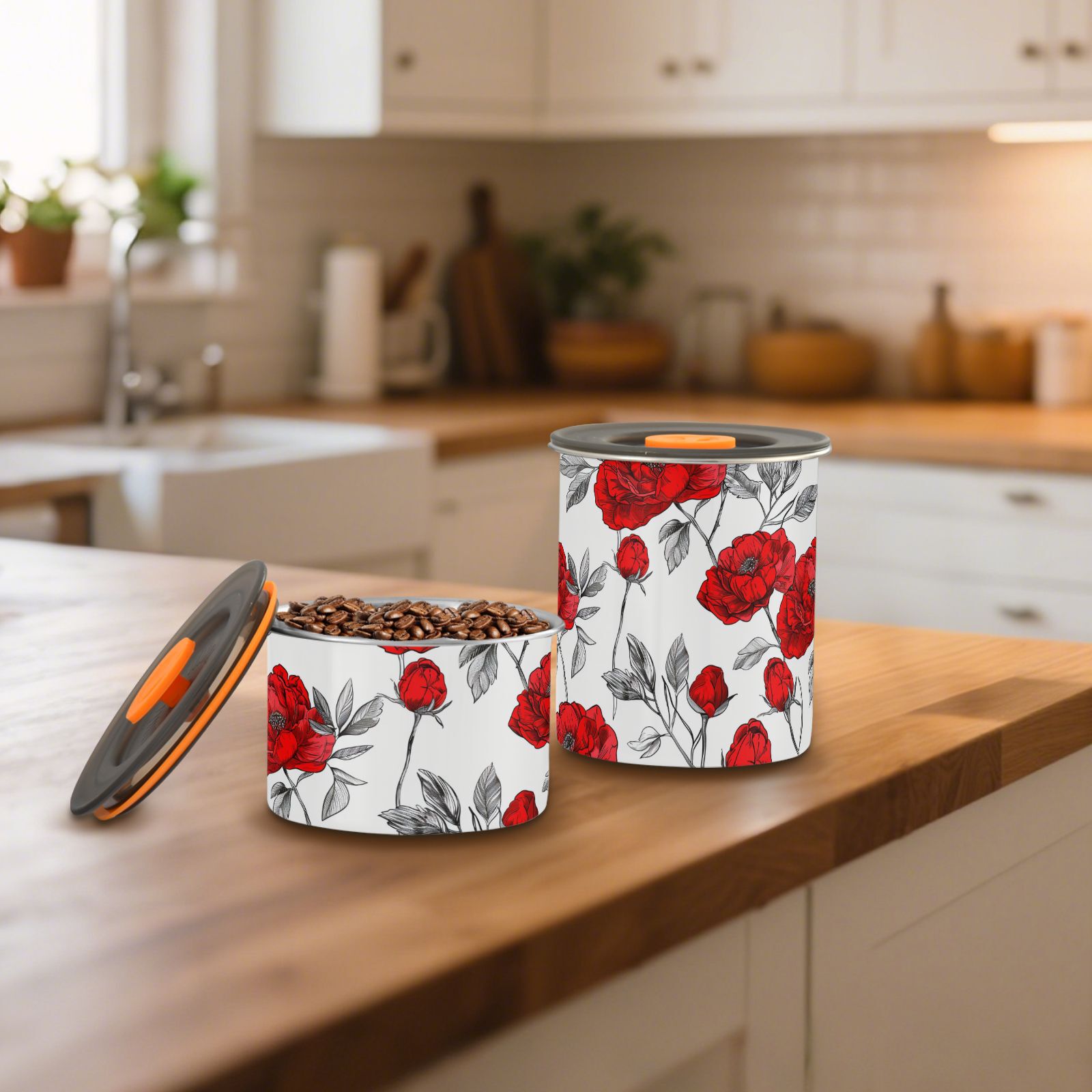 Red Peony Flowers Airtight Coffee Bean Canister 30oz Food Storage Containers with Lids For Gournd, Tea, Sugar, Flour, Rice, Cereal, Candy Cookie Jar