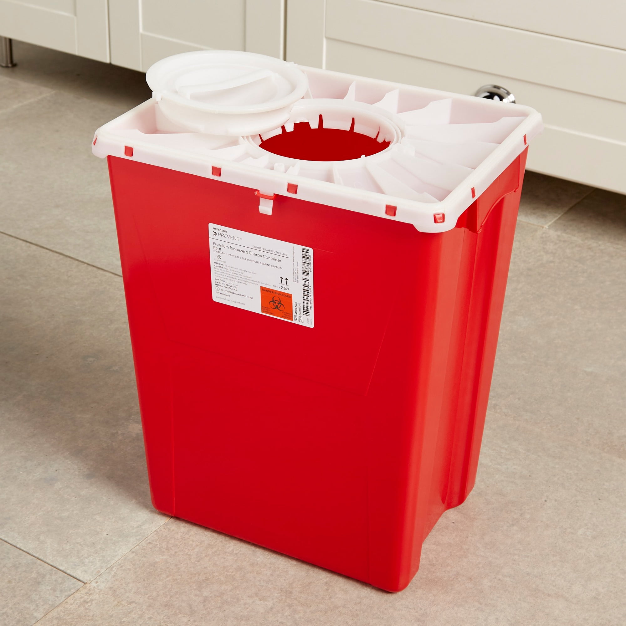 McKesson Prevent Biohazard Sharps Container, Premium - PG-II, Plastic, Vertical Entry, Rotating Lid - Red, 12 gal, 13 in x 17 3/10 in x 20 4/5 in, 1 Ct