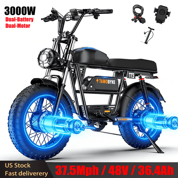 Tamobyke T73 Pro Max off road Electric Bike for Adults,3000W Peak Dual Motor,37.5mph 48V 36.4Ah Dual Battery Mountain Ebike,20" Fat Tire Full Suspension UL2849