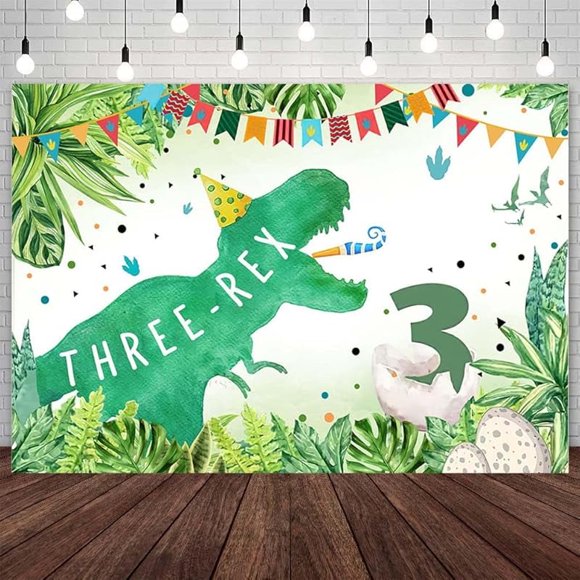 Dinosaur 3rd Birthday Backdrop Happy Three-rex Birthday Photography Background Greenery Jungle Palm Leaves Flag 3 Years Old Birthday Party Decorations Banner Photo Studio Props