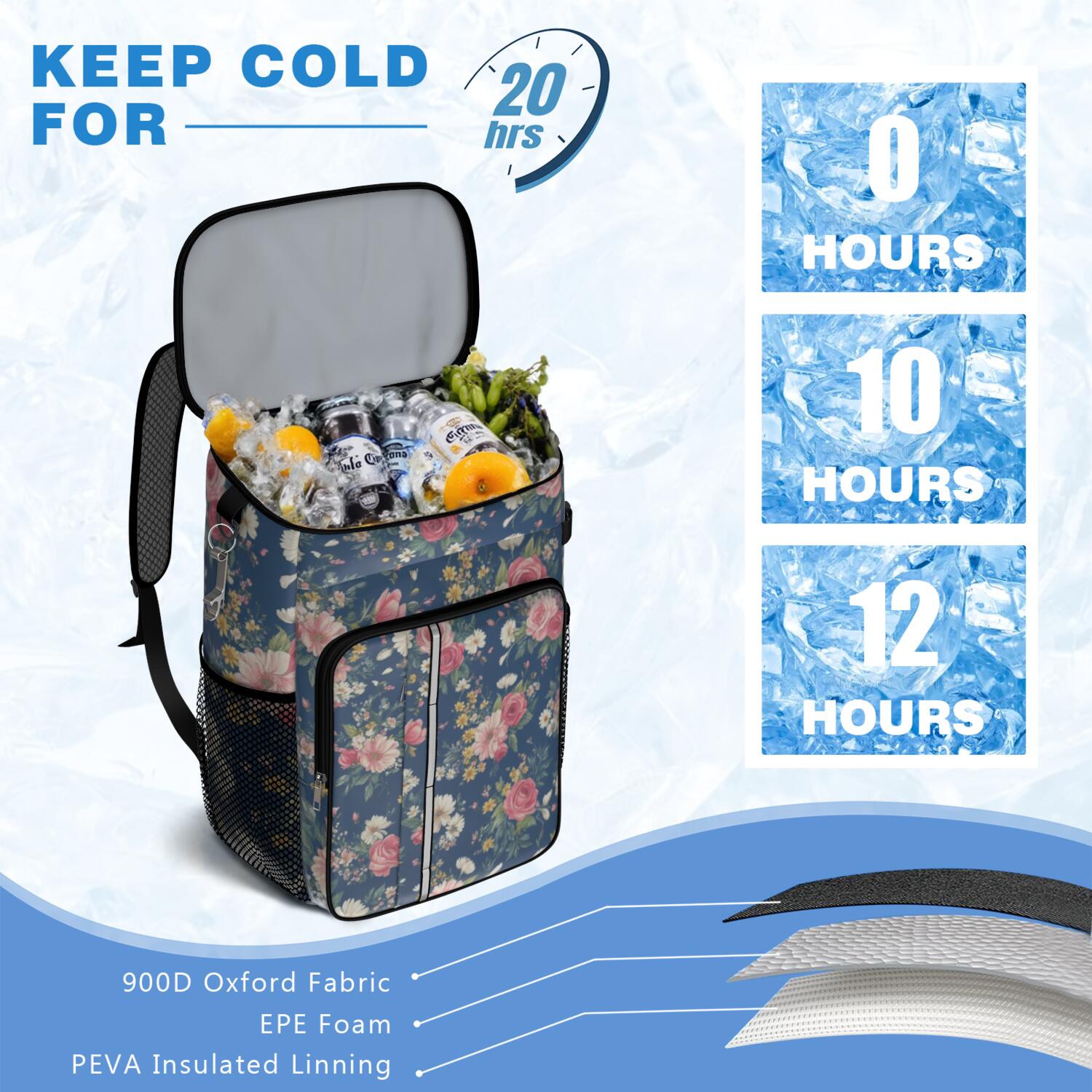 Travel Cooler Bag - Pioneer Flower Floral Print Pattern Camping Beer Cooler Backpack with Bottle Opener- Waterproof Insulated Picnic Backpacks - Cooler Bag for Beach