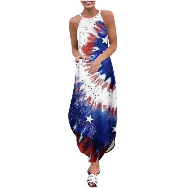 Día de la Independencia Mujer Verano Casual Sin Mangas Cuello Halter Tirante Falda Abertura Maxi Vestido Estampado Pompotops qwe13644