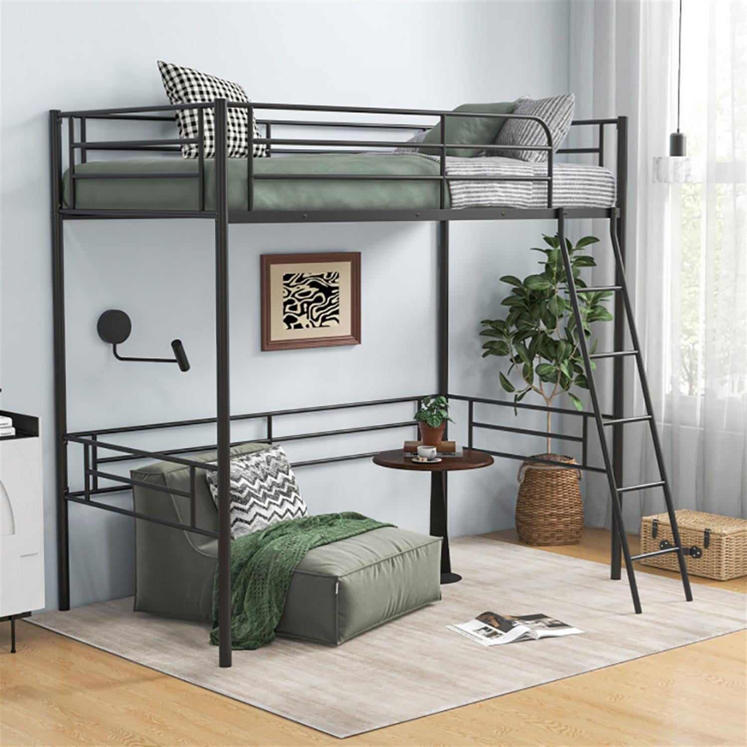 Demi Bonn Twin Metal Loft Bed Frame with Ladder and Metal Slats Support, Twin, Black