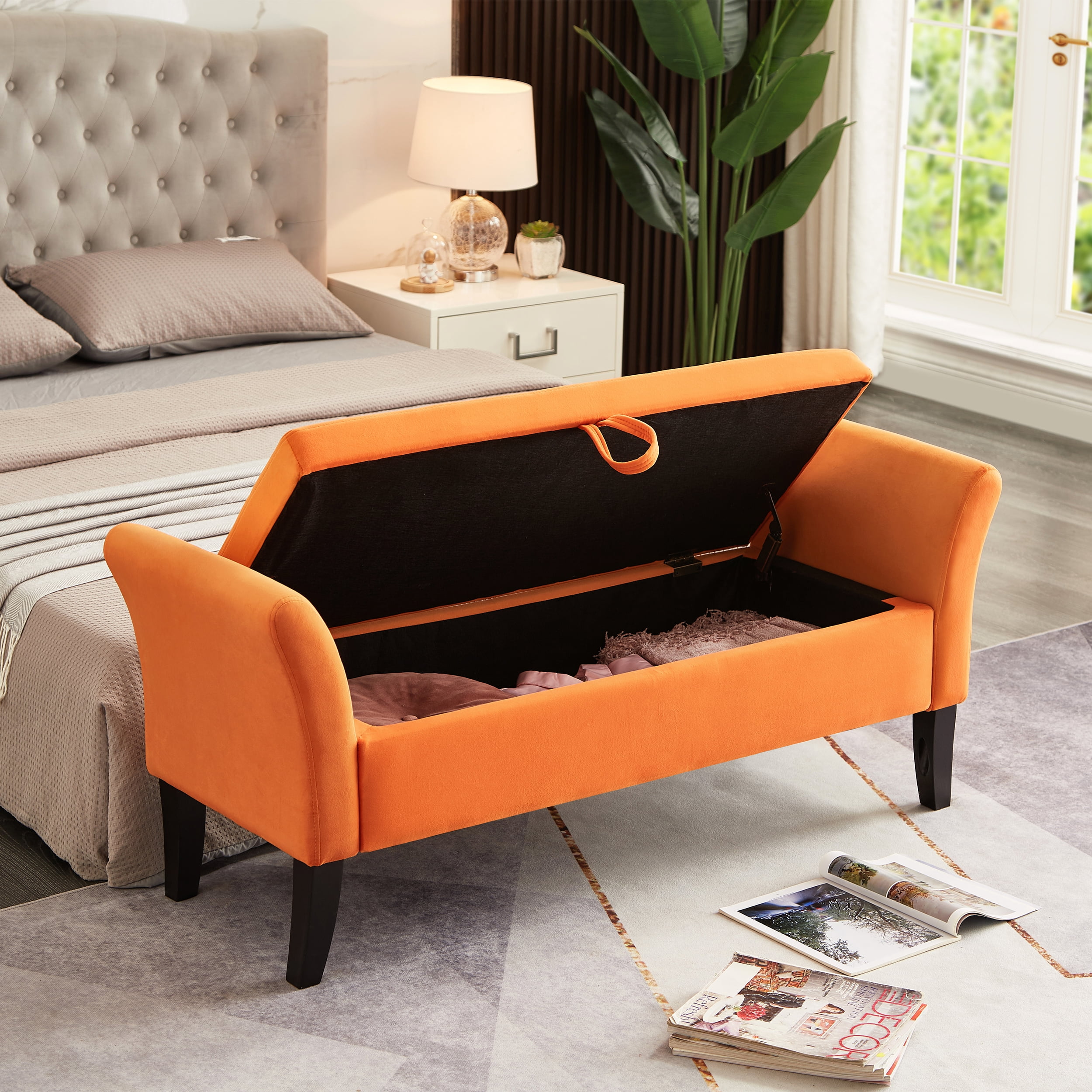 Aukfa End of Bed Bench with Curved Arms, 51.5" Velvet Tufted Upholstered Storage Ottoman Entryway Bench - Orange