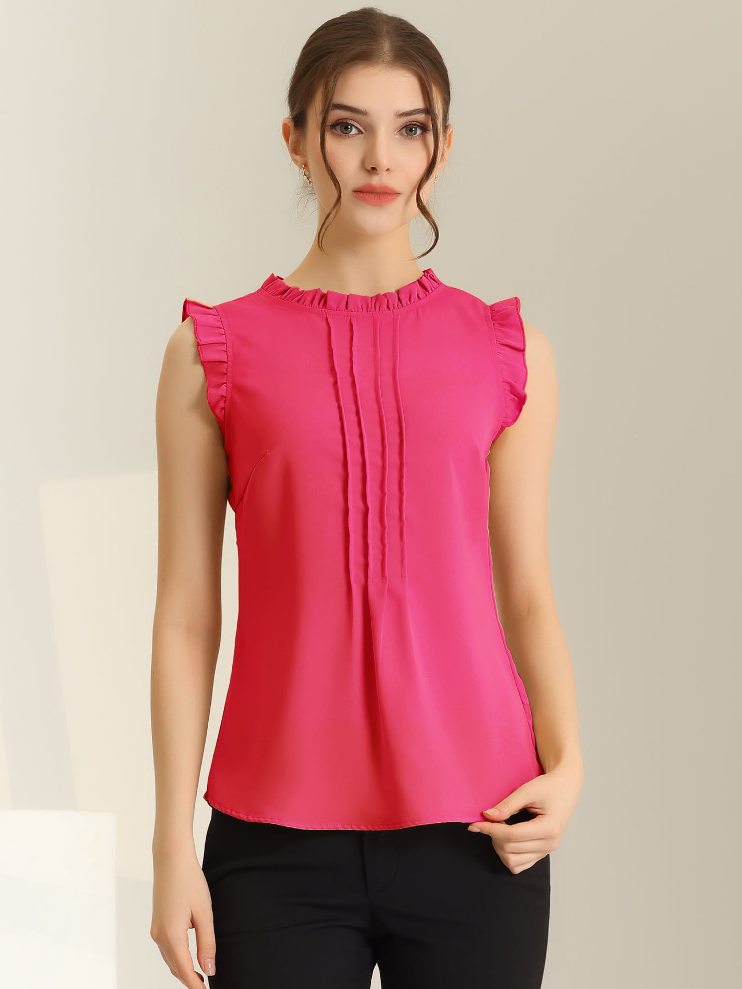 DARING DIVA Women's Ruffled Trim Pleated Plain Blouse Top XL Hot Pink
