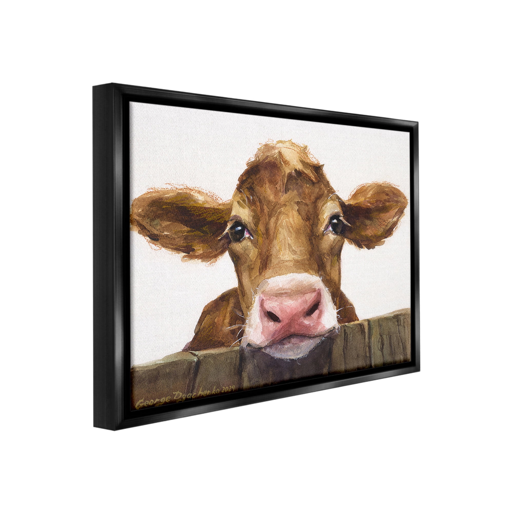 Stupell Industries Cow Resting on Fence Animals & Insects Painting Black Floater Framed Canvas Art Print Wall Art, 21 x 17