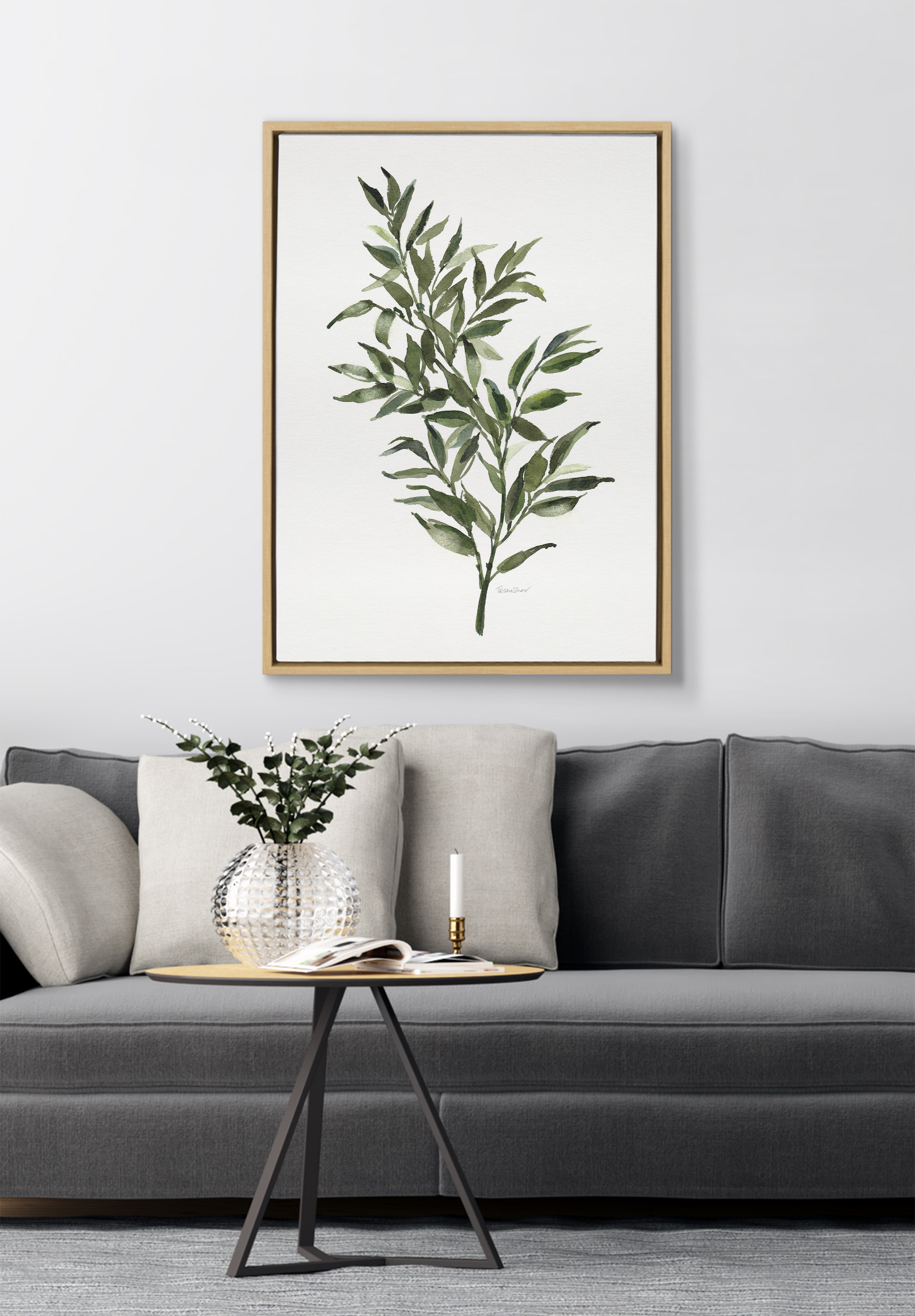 Kate and Laurel Sylvie Ruscus Framed Canvas Wall Art by Patricia Shaw, 23x33 Natural, Botanical Nature Art for Wall
