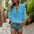 thumbnail image 5 of V Neck Blouses for Women Boho Ruffle Flowy Trendy Lace Up 3/4 Sleeve Tops Elegant Casual Loose Fit Vacation Tunic Shirts, 5 of 7