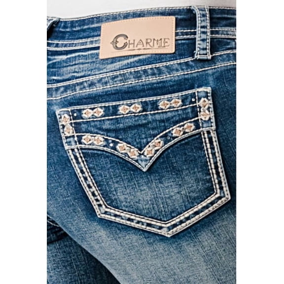 Charme by Grace in LA Jeans Women's Faux Flap Pocket Embroidered Bootcut Jeans (25, Blue)