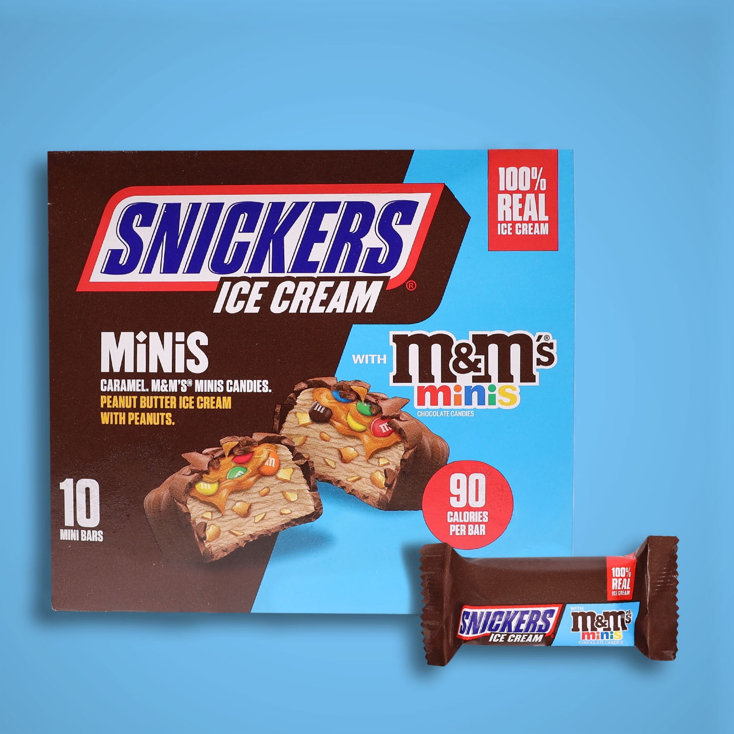 Snickers Ice Cream Minis Caramel Peanut Butter Ice Cream Bars with M&M'S MINIS - 10 Pack