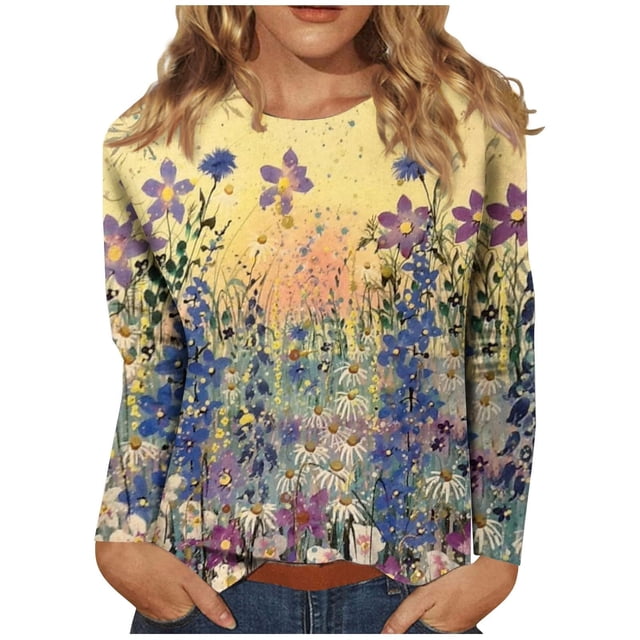 TSADFHJI Longues Hauts à Manches pour Femmes Pack Mode Décontractée Imprimé Col Rond T-Shirt à Manches Longues TTG Violet Foncé