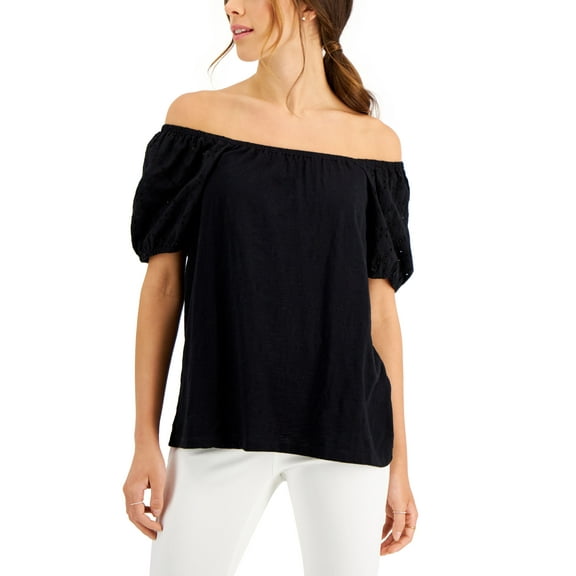 Style & Co Petite Cotton Off The Shoulder Top Deep Black PL