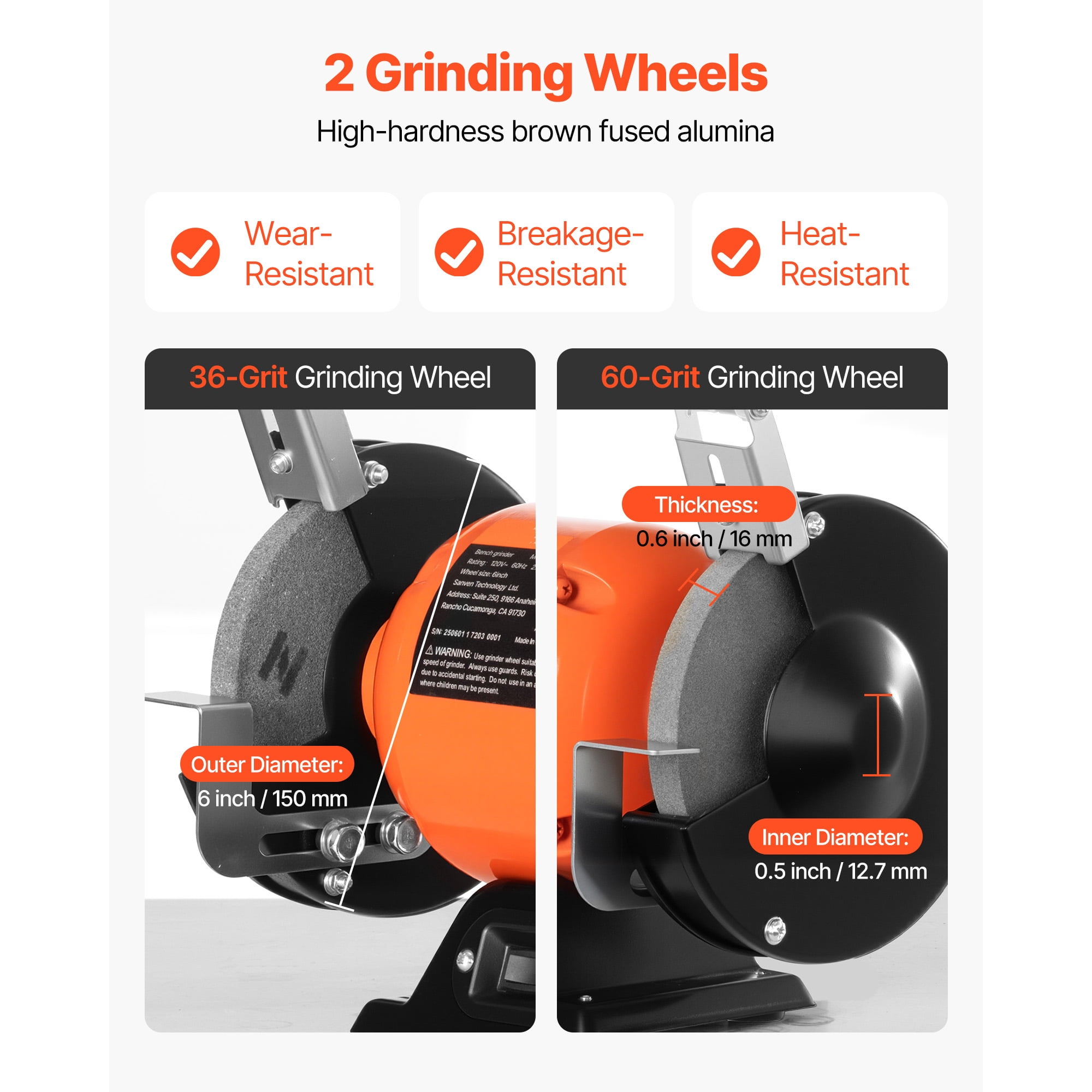 KFFKFF 6-Inch Bench Grinder, Single Speed Table Grinder with 1750 RPM, 250W Induction Motor, 36/60-Grit Grinding Wheels, and Adjustable Tool Rest for Accurate Sharpening and Grinding