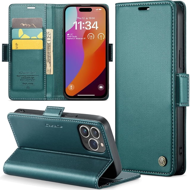 Funda tipo cartera para iPhone 15 Pro con tarjetero, función atril, bloqueo RFID, cierre magnético, protección a prueba de golpes, de piel sintética, con tapa tipo cartera para iPhone 15 Pro