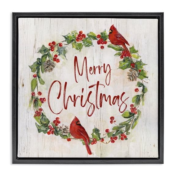 Stupell Industries Traditional Christmas Seasonal Wreath Black Floating Frame Canvas Art, 18 x 18, by Sally Swatland