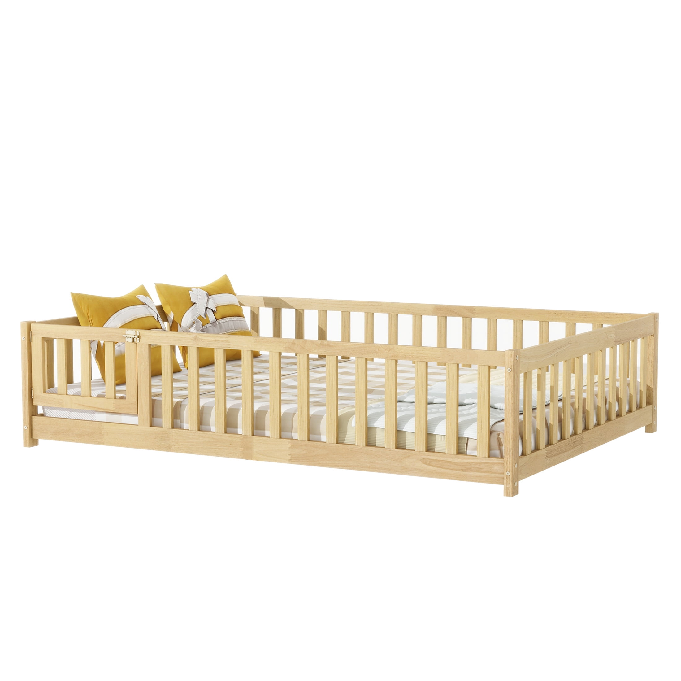Noble House Mira Full Floor Bed with Fence and Door, Sturdy Rubber Wood Montessori Bed Frame, Kid's Room, Natural