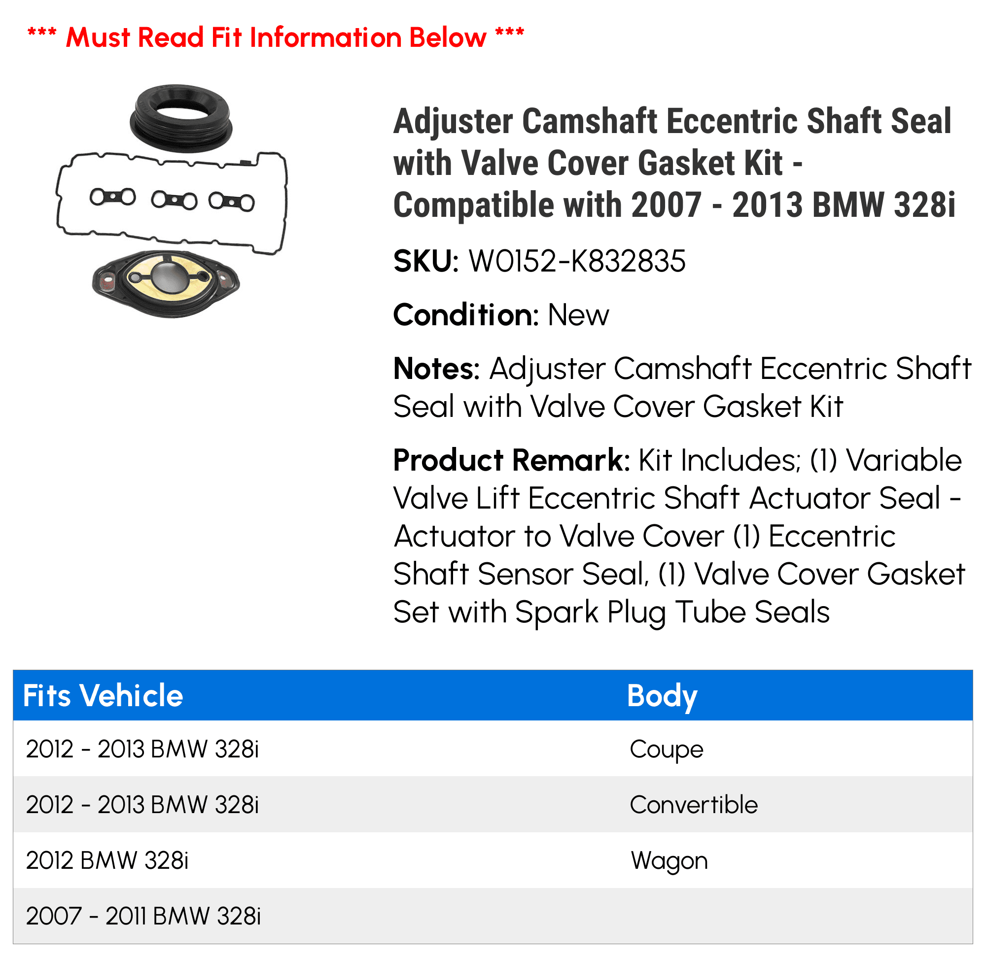 Adjuster Camshaft Eccentric Shaft Seal with Valve Cover Gasket Kit  Compatible with 2007 2013 BMW 328i 2008 2009 2010 2011 2012