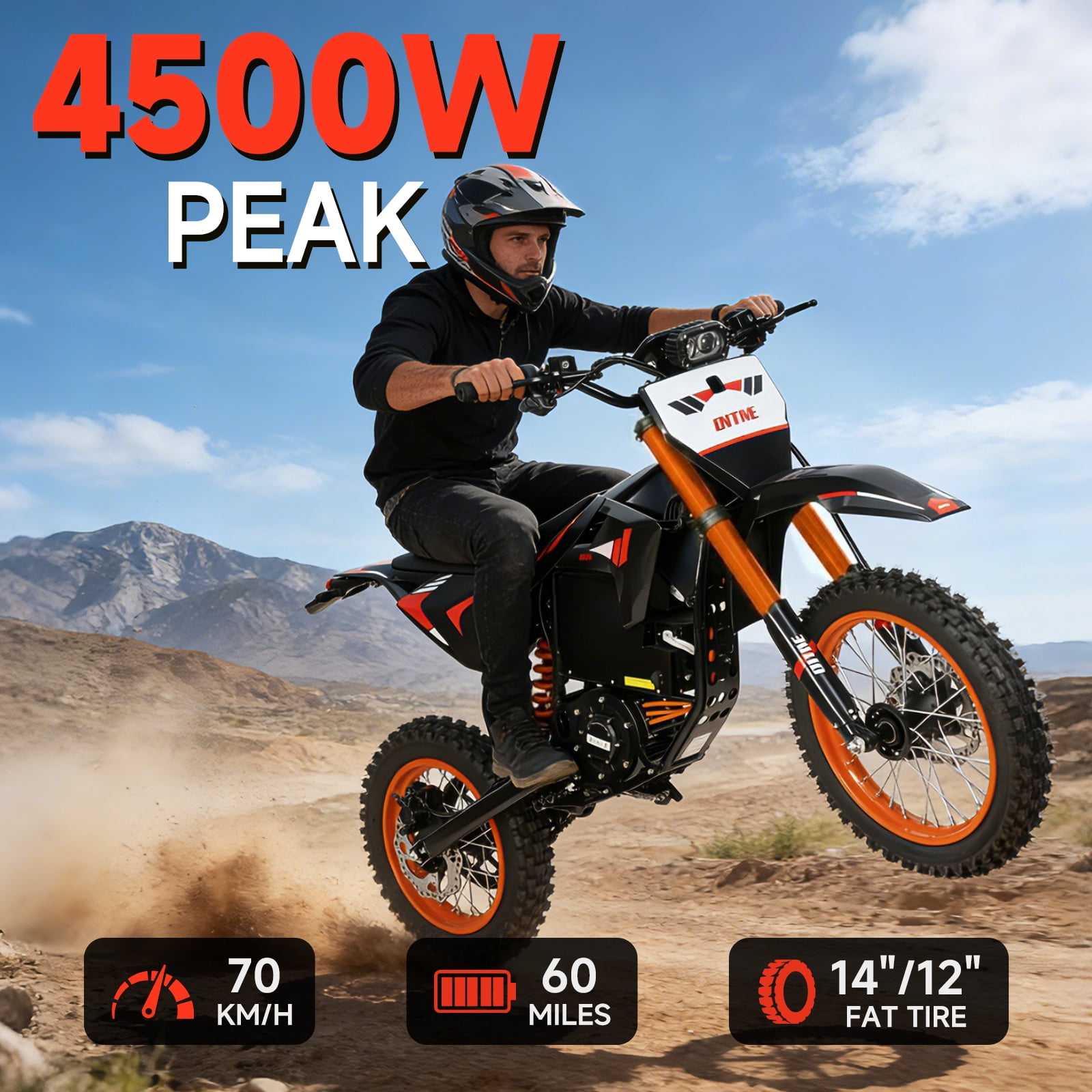 Electric Dirt Bike for Teens Adults Age 13+, 14"/12" Fat Tire 4500W Peak 60V 28.8Ah Battery 50MPH 60 Miles Range Hydraulic Brakes