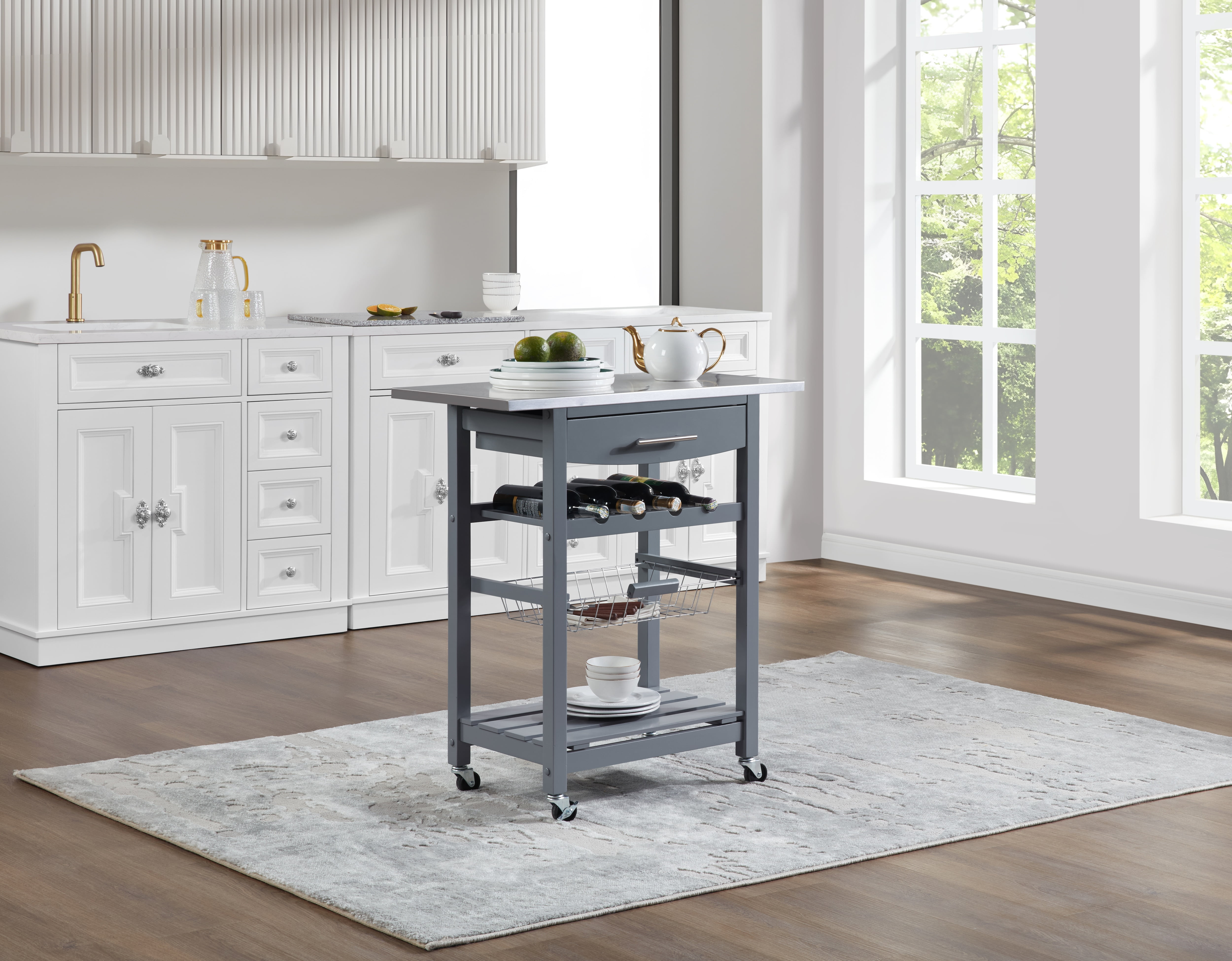 Mobile Rolling Kitchen Island with Stainless Steel Work Surface, Drawer & Storage Basket
