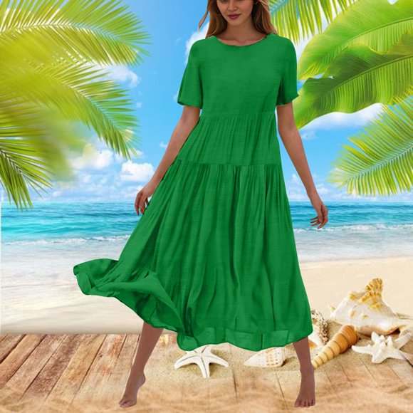 Gspmoly Summer Dresses, Women'S Flower Solid Color Casual Short Sleeve Crewneck Dress Casual Flowy Tiered Maxi Beach Dress Wedding Dresses for Women Clearance