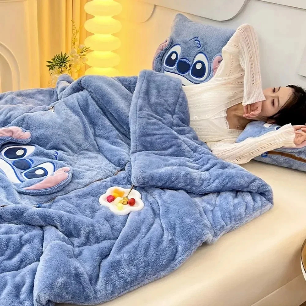Disney Stitch Blanket Winter New Stitch Hello Kitty Embroidered Pillow Blanket 2 in 1 Sofa Office Nap Blanket Christmas Gift