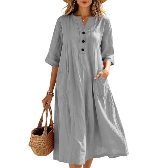 QUNYINEY Long Dresses for Women Plus Size Faux Linen Casual 3/4 Sleeve A Line Dress Button Solid V-Neck Loose Fit with Pockets Dresses