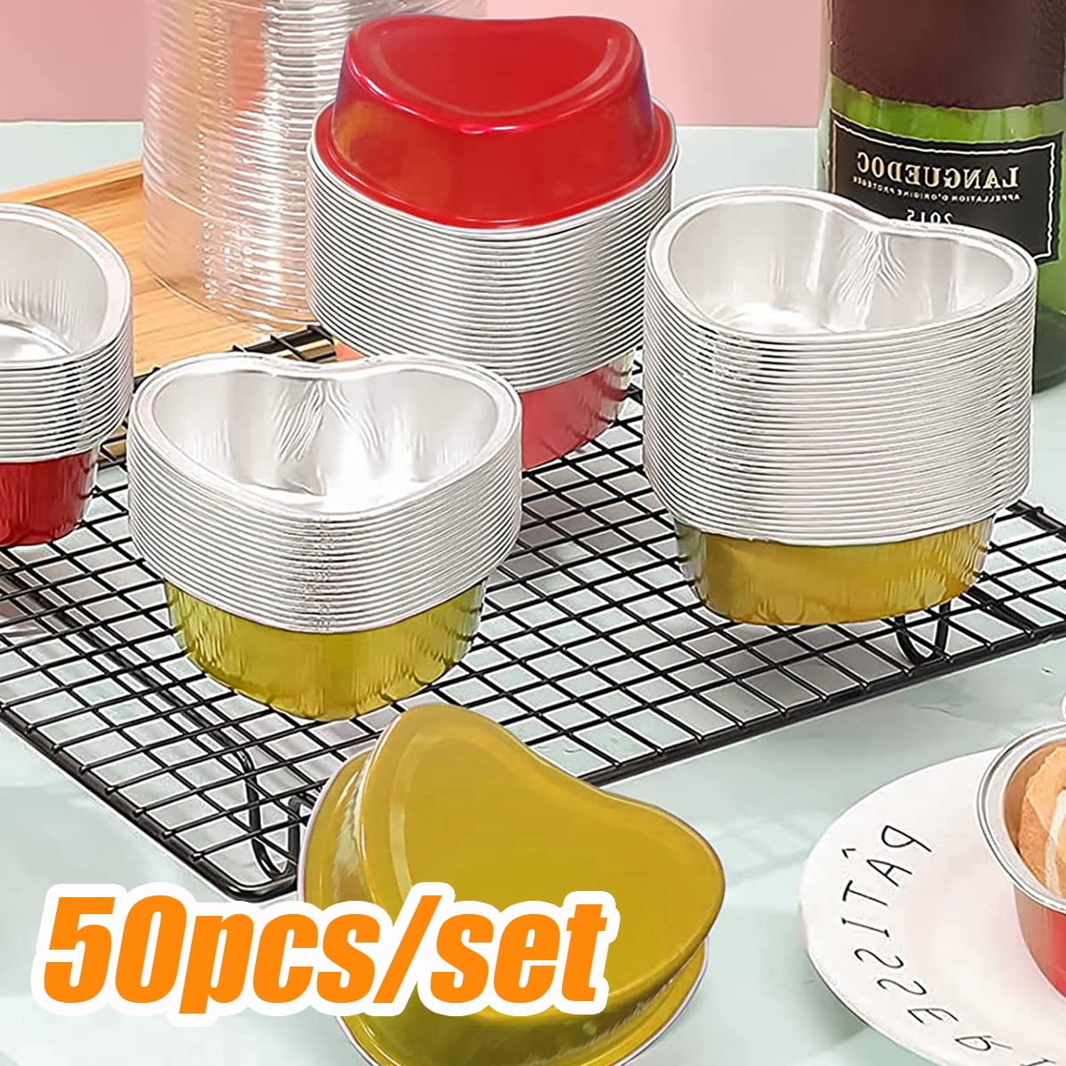 Travelwant 50 Sets Mini Aluminum Foil Cake Pan with Clear Lids Heart Shaped Foil Cupcake Cups