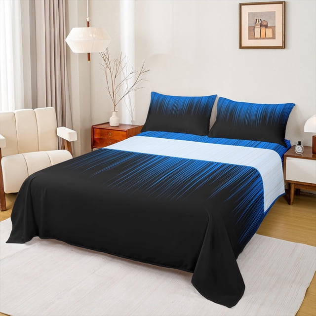 Manfei Gradient Blue Full Size Sheets 4-Piece, Geometric Neon Lights Bed Sheets, Modern Abstract Black Sheet Sets, Ultra Soft Home Decor