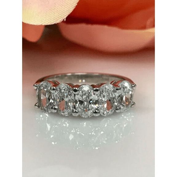 14K White Gold Plated Oval Cut 3Ct Genuine Moissanite Wedding Silver Band Ring