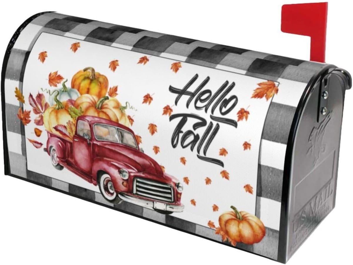 Fall Pumpkin Truck Mailbox Cover Magnetic Standard Size 18" X 21" Hello Fall Mailbox Covers Autumn Thanksgiving Mailbox Wraps Post Letter Box Cover for Outdoor Decor